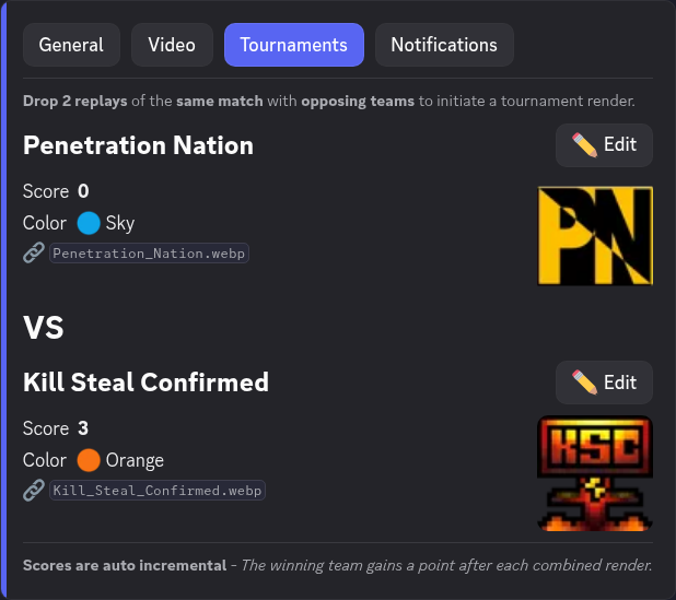 Tournament settings: two teams with names, scores, colors and icons