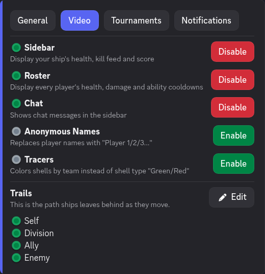 Video settings: sidebar, roster, chat, anonymous names, tracers and trails